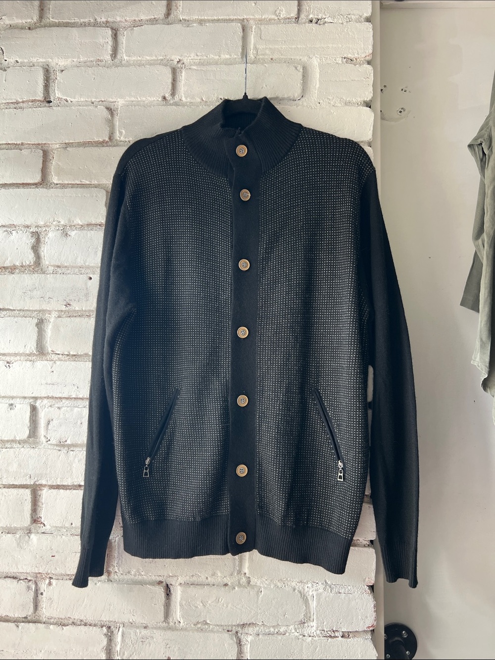 50% merino wool Black Button-Up Knit Cardigan with Zipper Pockets and mockneck